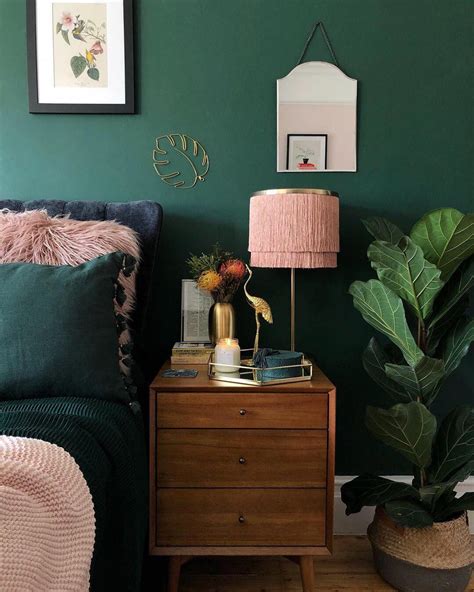 Dark Green And Blush Pink Decor In Bedroom With Mid
