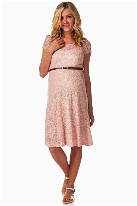 Pink Lace Belted Maternity Dress Maternity Dresses Dresses Pink