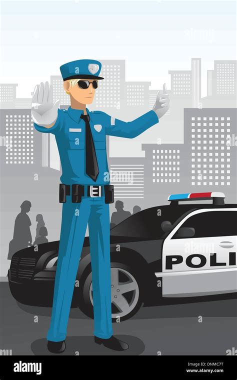 A Vector Illustration Of A Police Officer Managing The Traffic Stock