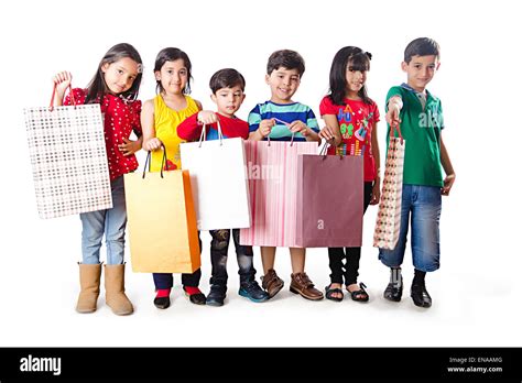 Indian Kids Groups Friends Bag Shopping Stock Photo Alamy