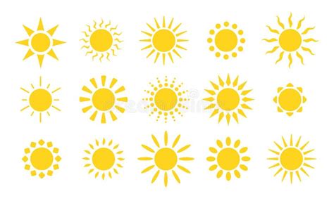 Yellow Sun Icons Suns Rays Flat Sunny Weather Elements Stock Vector