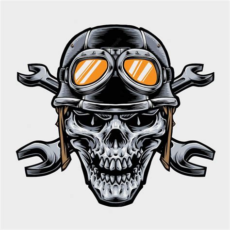 Premium Vector Skull Biker With Crossing Wrench Logo