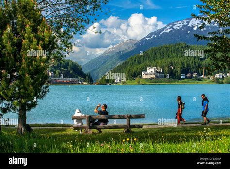 Rounded Walk And Mountain Lake Of St Moritz In The Summer Time Sankt