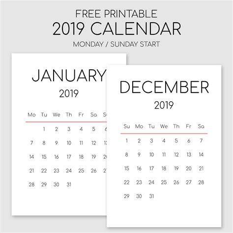 Printable 2019 Calendar Portrait Orientation