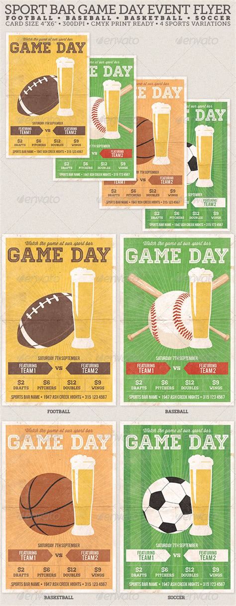 Available in psd, png, ai, eps files. Game Day Sport Bar Flyer Template #GraphicRiver • 4"x6" • Bleed and Guides • CMYK Colors • 300 ...
