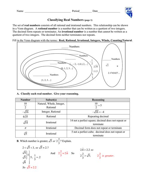 Classifying Real Numbers Worksheet Doc