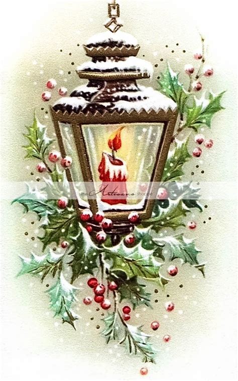 Digital Download Printable Christmas Card Lantern Candle Snow Holly