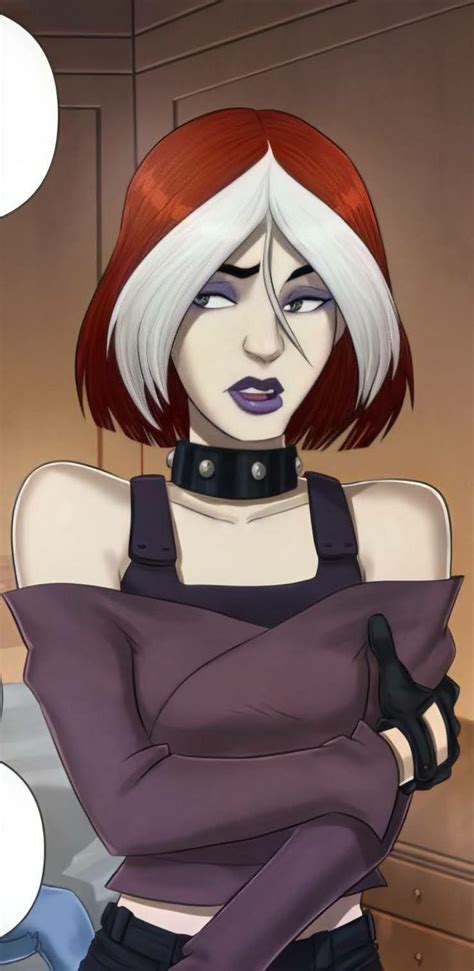 an animated woman with red hair and black gloves on her chest standing in front of a