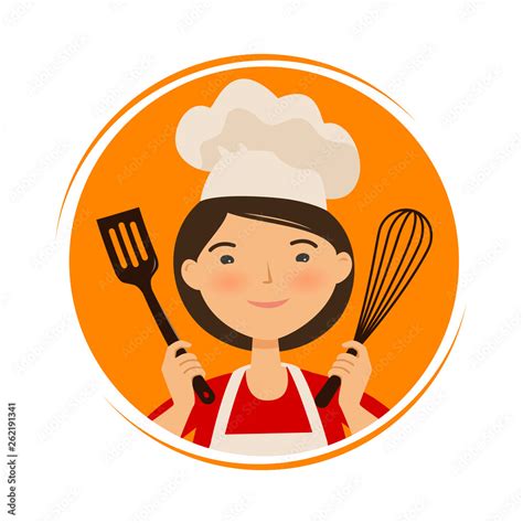Cooking Cuisine Logo Cute Girl In Chef Hat Cartoon Vector