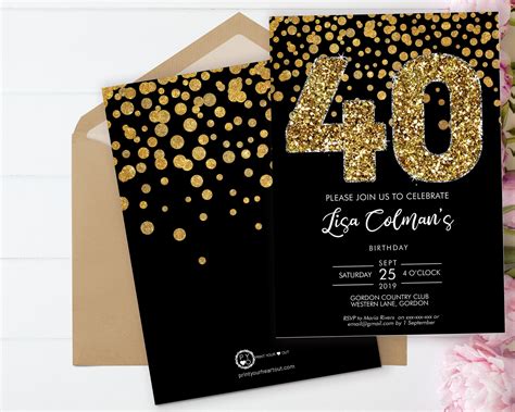 Diy 40th Birthday Confetti Invitation Printable Template Black Gold