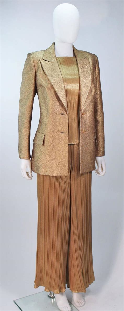 Travilla Gold Metallic Silk Lame Pant Suit Ensemble Size 6 For Sale At
