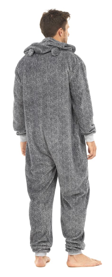 Mens Boys Fleece Hooded Animal Ears Onesie Zip All In 1 Pyjamas Pjs