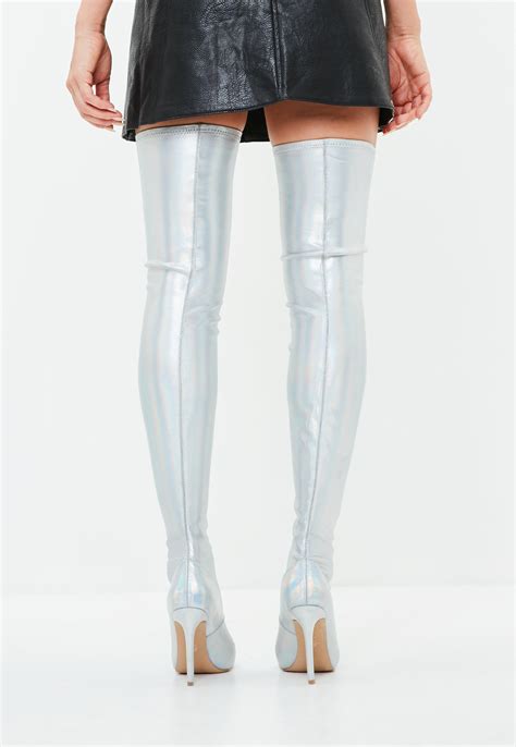 Missguided Silver Iridescent Metallic Thigh High Boots Lyst