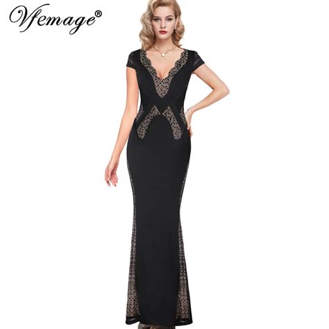 Vfemage Womens Elegant Sexy V Neck See Through Lace Patchwork Vintage