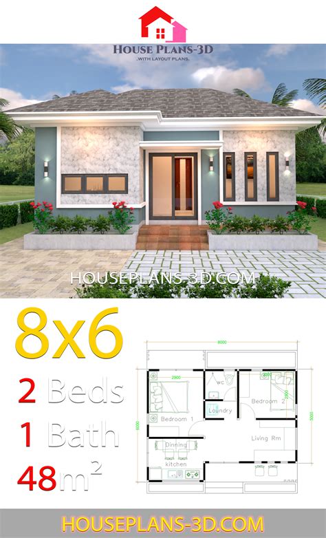 House Plans 3d 8x6 With 2 Bedrooms Hip Roof House Plans 3d