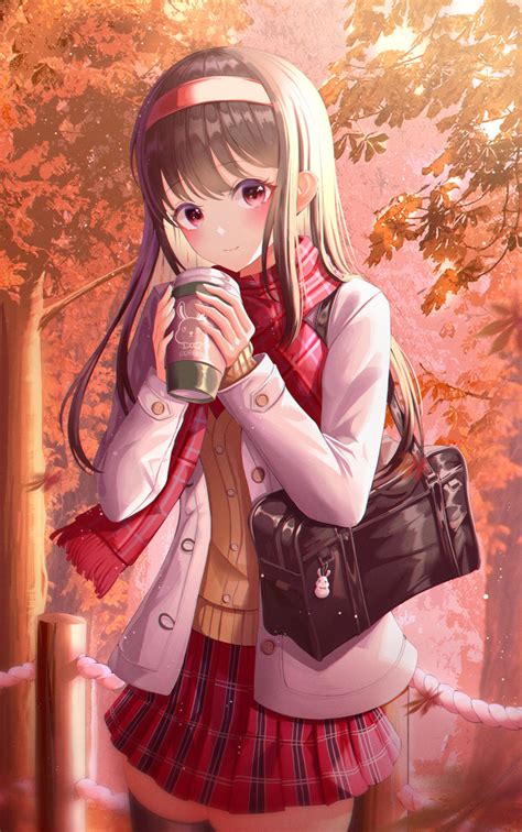 Safebooru 1girl Absurdres Autumn Autumn Leaves Bag Bexercube Black Hair Blush Closed Mouth