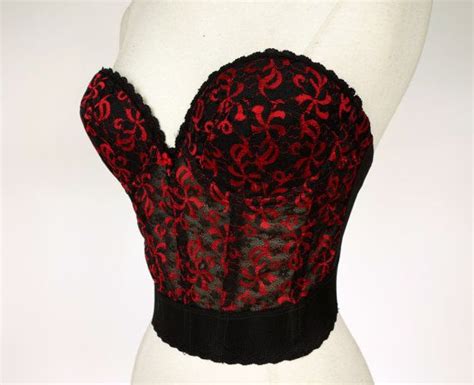 1980s Black Long Line Bra Red Lace Strapless Low Back Padded Etsy