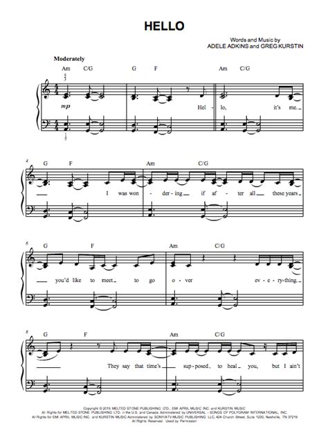 Play popular music free piano sheet music 7 years lukas. Adele "Hello" Sheet Music (Easy Piano) in A Minor ...
