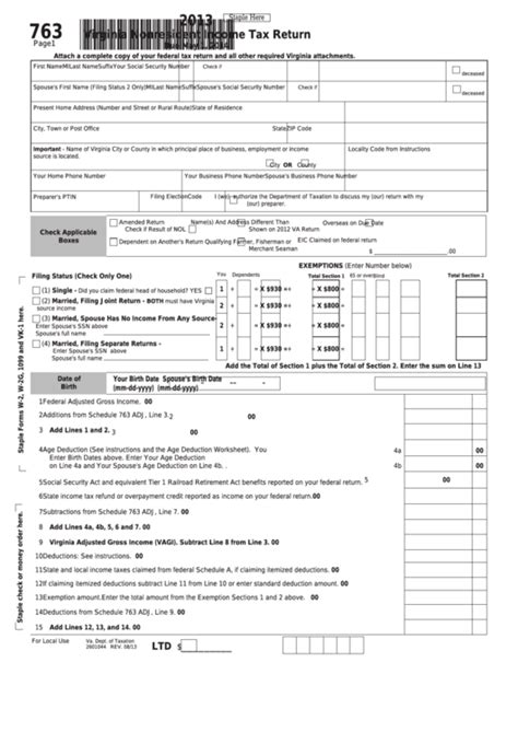 Fillable Form 763 Virginia Nonresident Income Tax Return 2013