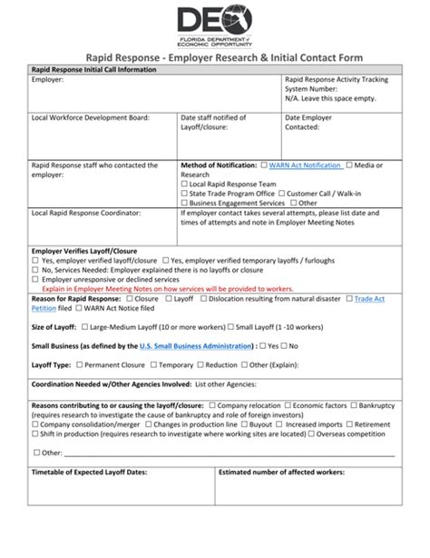 Florida Rapid Response Employer Research And Initial Contact Form