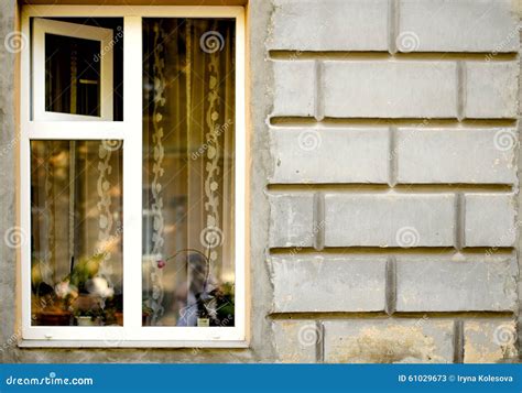 Old Wooden Windows Frame On Cement Cracked Wall Stock Image Image Of