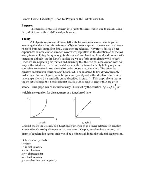 Sample Formal Laboratory Report For Physics On The Picket Fence Lab