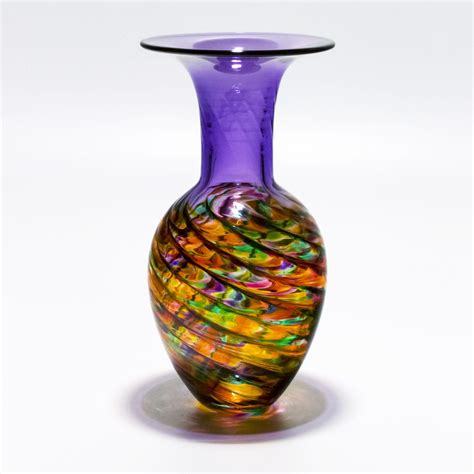 Art Glass Vase Free Blown Glass With A Swirling Optic Ribbed Pattern In The Body And A Solid