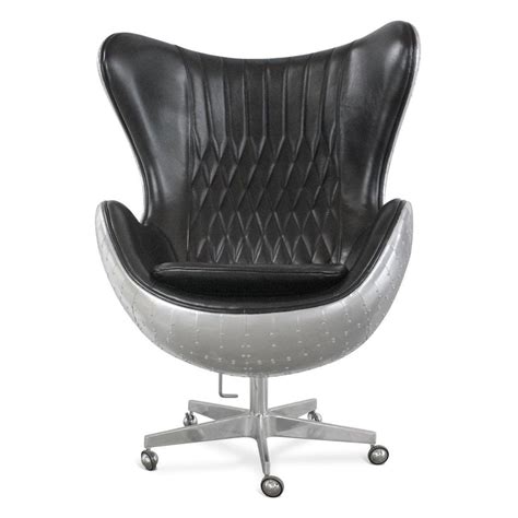 Aviator Egg Office Chair Aluminum Black Leather Swivel Casters