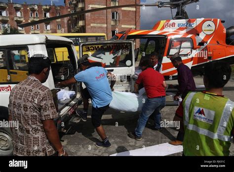 Kathmandu Nepal 9th Sep 2018 Nepalese Officials Carry Bodies Of Victims Of The Helicopter