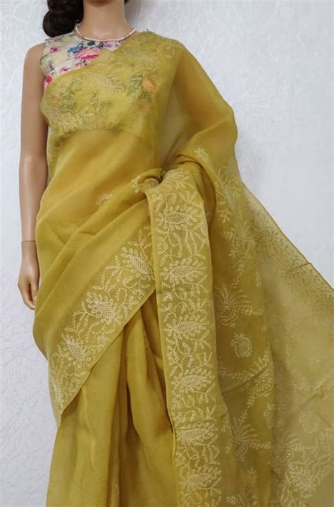 Yellow Hand Embroidered Chikankari Cotton Saree In 2020 Saree Cotton