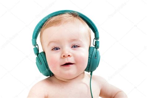 Smiling Baby With Headphones Listening To Music — Stock Photo