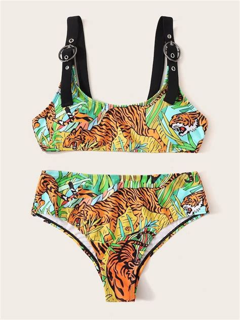 Tiger Print Eyelet Buckle Bikini Set SHEIN Swimsuit Tops Bikini