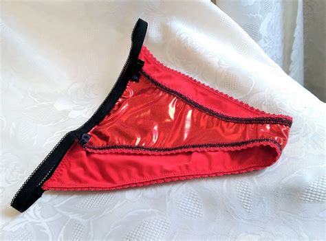 Metallic Stretch String Panties Bright Shiny Red With Black Romance Lingerie Misses Or Plus