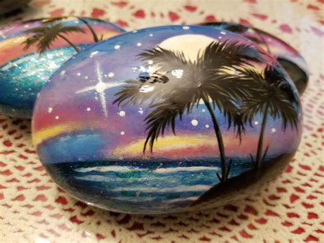 Resin Coated Acrylic Paint Painted Rock Sunset Beach Painted