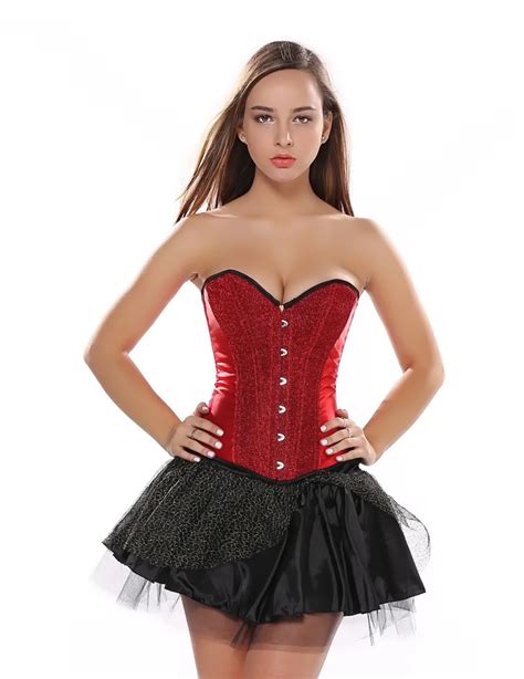 Red Sequins Overbust Corset Dress Womens Sexy Lingerie And Mini Lace Skirt Waist Trainer Body