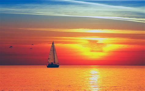 Sunset Over The Sea Sinar Matahari Langit Merah Perahu Layar Berlayar