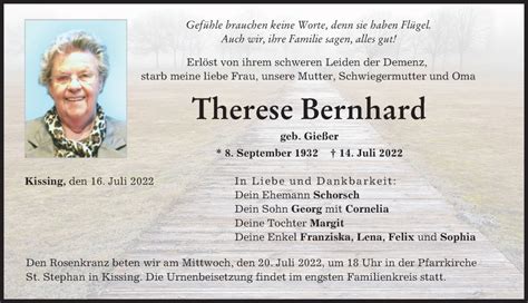 Traueranzeigen Von Therese Bernhard Augsburger Allgemeine Zeitung