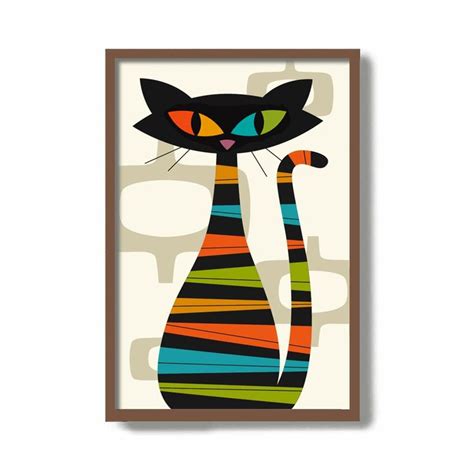 Black Cat Art Mid Century Modern Home Wall Decor Cat Lover Etsy In