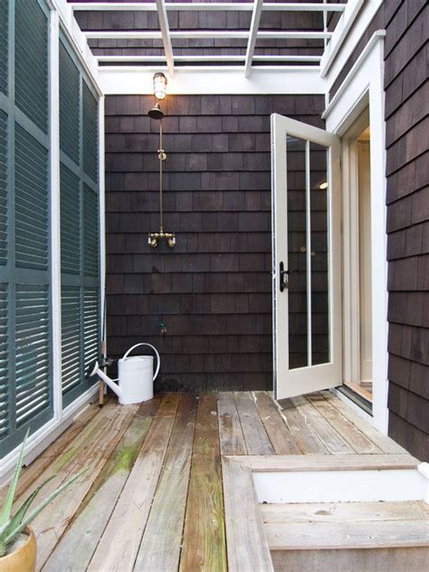 These screens work particularly well on decks and patios. Simple outdoor shower with pergola and privacy screen ...