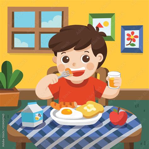 A Little Boy Happy To Eat Breakfast In The Morning Stock Vector