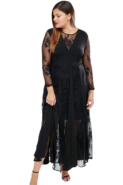 Sheer Long Sleeve Pleated Plus Size Maxi Dress Inasari