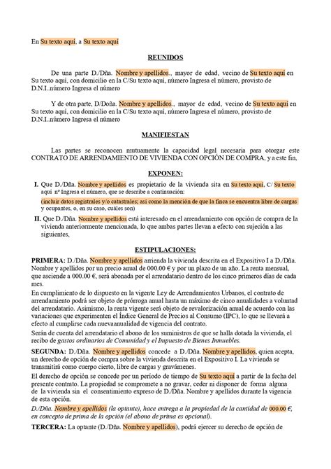 Modelo De Contrato De Arrendamiento De Alquiler