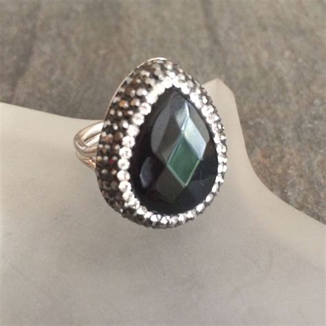 Large Black Onyx Ring With Pave Swarovski Crystals Sterling Silver