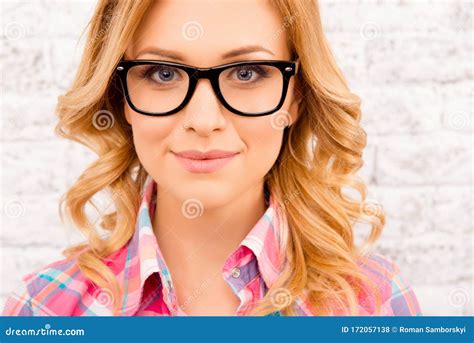 Close Up Portrait Of Attractive Cheerful Young Woman In Glasses Stock