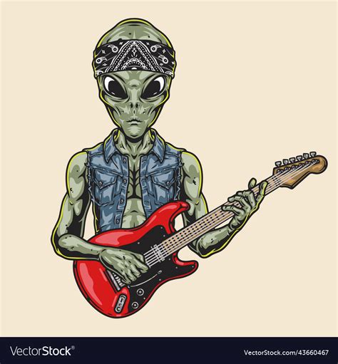 Alien Musician Sticker Vintage Colorful Royalty Free Vector