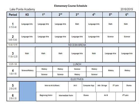 Elementary Class Schedule Lake Pointe Academy