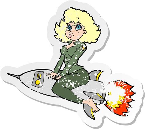Retro Distressed Sticker Of A Cartoon Army Pin Up Girl Riding Missile