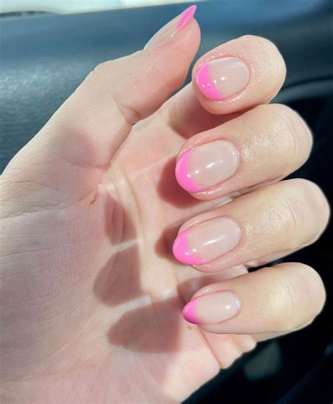 Pink Gel Polish French Tip Finish Natural Nails Round Shape