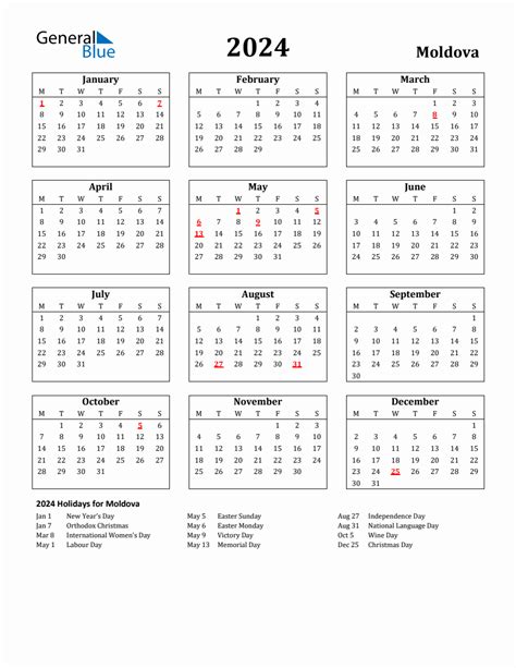 Free Printable 2024 Moldova Holiday Calendar