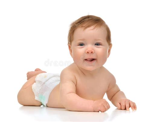 Six Month Infant Child Baby Toddler Sitting And Happy Looking At Stock